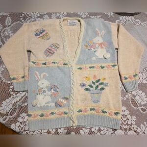 VTG 90s Marisa Christina Easter Bunny Hand Knit Cardigan Pearl Buttons Sz Small